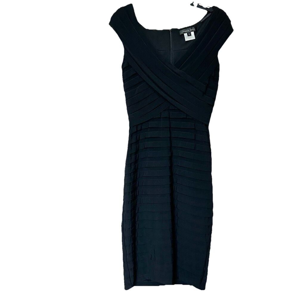 Tadashi Shoji Black Cocktail Dress Sm Midi Sleeveless Stretch Glam Party LBD Zip